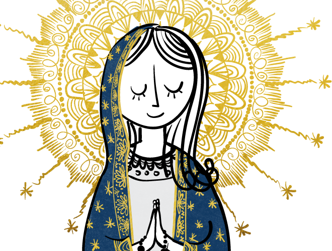 A sketch of the blessed virgin Mary with her eyes closed and hands held in prayer with a rosary around them wears a blue cloak detailed with yellow stars and flowers over her head and shoulders while a golden circular mosaic halo surrounds her head in the background